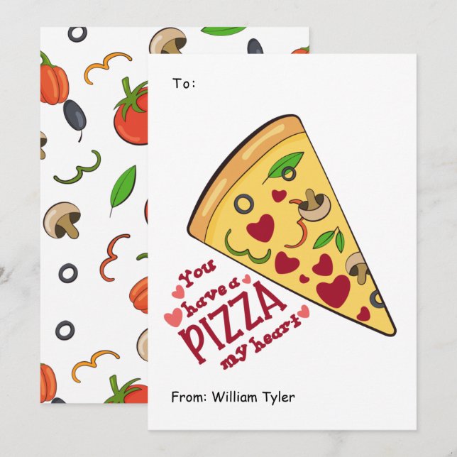 Tarjeta Festiva Cute Pizza My Heart Classroom Día de San Valentín (Anverso / Reverso)