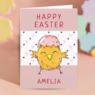 Tarjeta Festiva Cute pollito de Pascua con corazón de cáscara de h