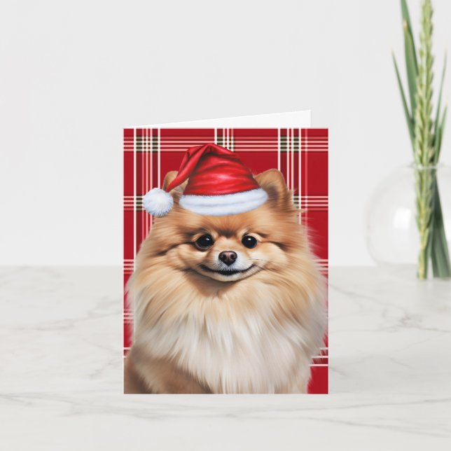 Tarjeta Festiva Cute Pomeranian Santa Dog Red White Plaid (Anverso)