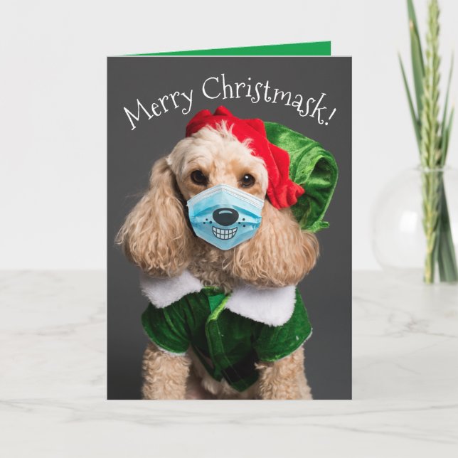 Tarjeta Festiva Cute Poodle con mascarilla - ¡Feliz Navidad! (Anverso)