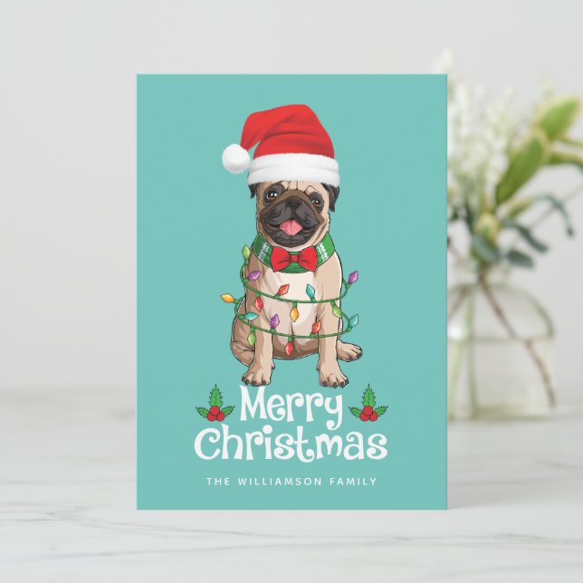 Tarjeta Festiva Cute Pug Dog Merry Christmas Card (Anverso de pie)