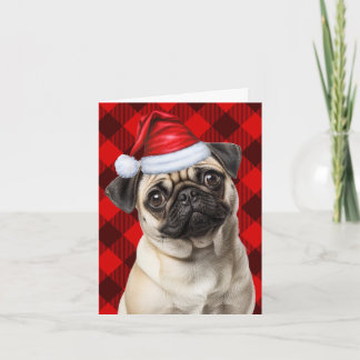 Tarjeta Festiva Cute Pug Santa Dog Red Buffalo Plaid Christmas
