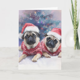 Tarjeta Festiva Cute Pugs Christmas Greeting Card 