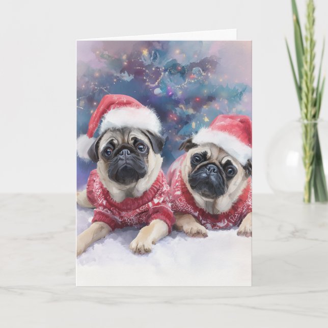 Tarjeta Festiva Cute Pugs Christmas Greeting Card  (Anverso)