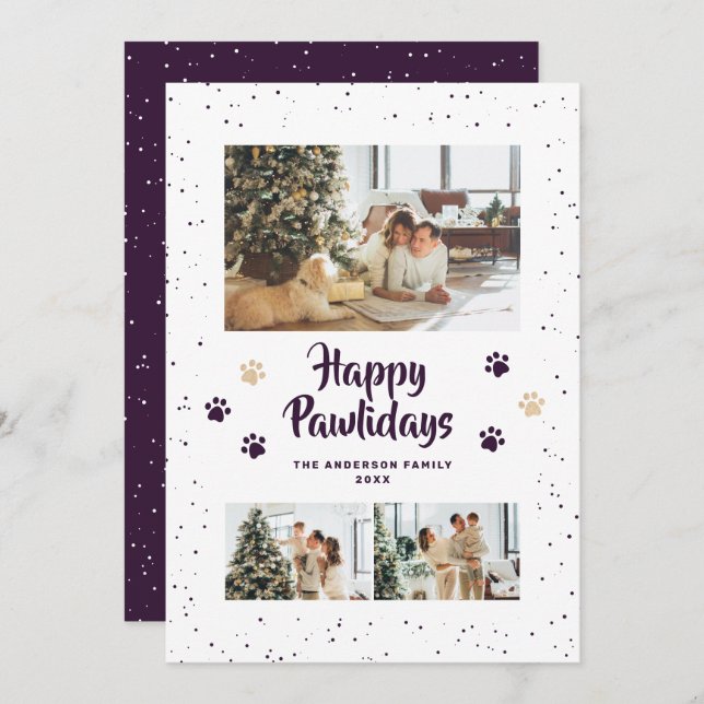 Tarjeta Festiva Cute Purple Photo Happy Pawlidays Card (Anverso / Reverso)
