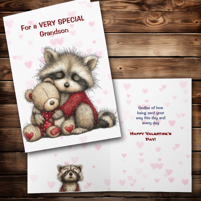 Tarjeta Festiva Cute Raccoon and Teddy Bear Grandson Valentine (Subido por el creador)