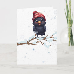 Tarjeta Festiva Cute Raven in a Christmas Beanie 