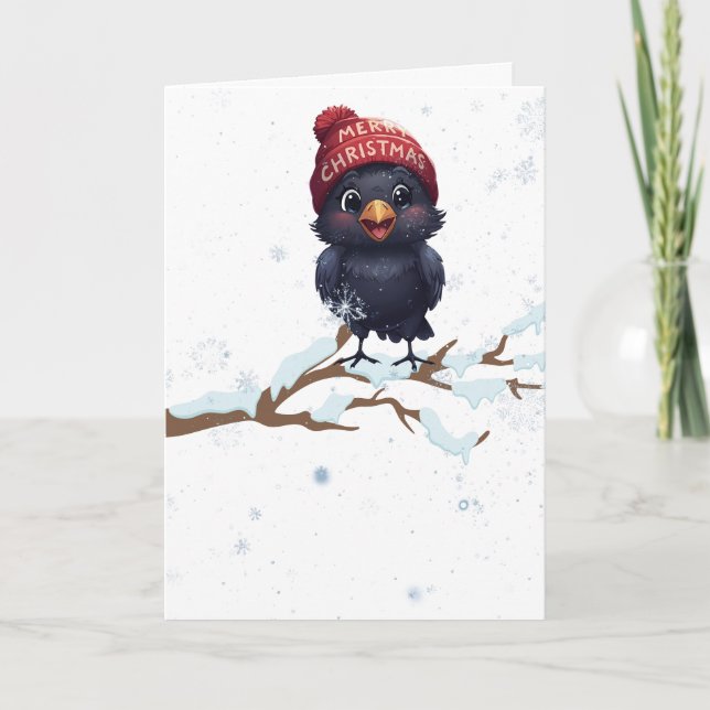 Tarjeta Festiva Cute Raven in a Christmas Beanie  (Anverso)