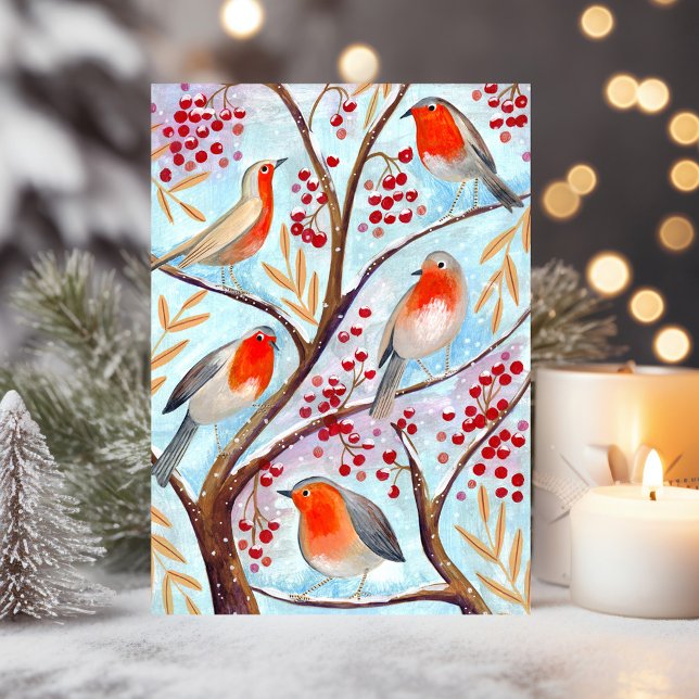 Tarjeta Festiva Cute red & blue Robin birds in tree with berries (Cute Bird Red Robin Blue Christmas Family Holiday Card)