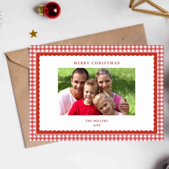 Tarjeta Festiva Cute red  gingham Christmas Photo greetings card (Subido por el creador)