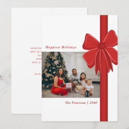 Tarjeta Festiva Cute Red Ribbon Bow Wrapped Family Photo