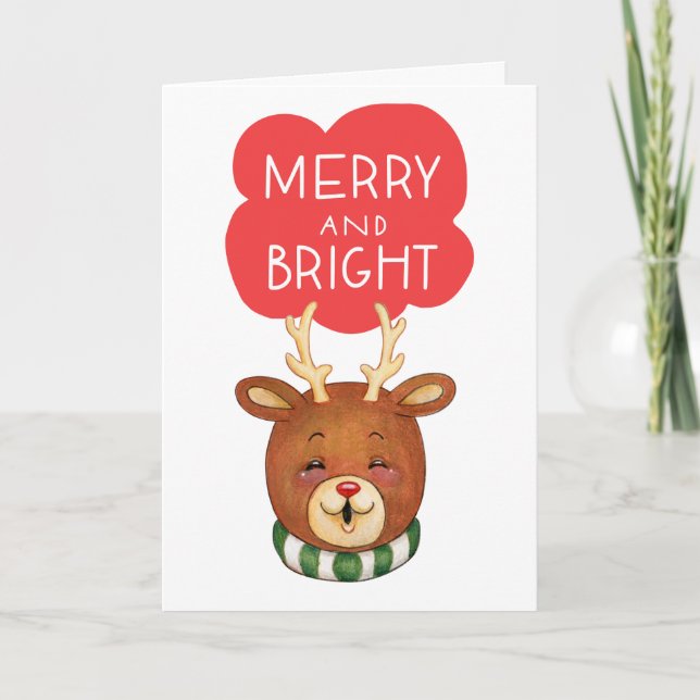 Tarjeta Festiva Cute Reindeer Head Merry and Bright (Anverso)
