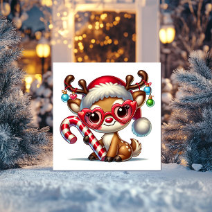 Tarjeta Festiva Cute Reno Sosteniendo un Bastón de Caramelo a Raya