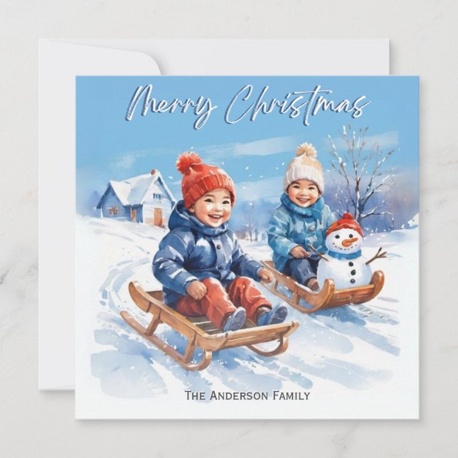 Tarjeta Festiva Cute Retro Acuarela Niños Derraman Escena De Nieve (Anverso)