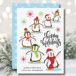 Tarjeta Festiva Cute Retro Felices Fiestas Pingüinos Azul