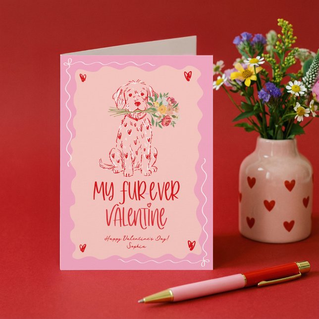 Tarjeta Festiva Cute Retro Hand Drawn Dog Bouquet Valentine's Day  (Cute Retro Hand Drawn Dog Bouquet Valentine's Day Holiday Card)