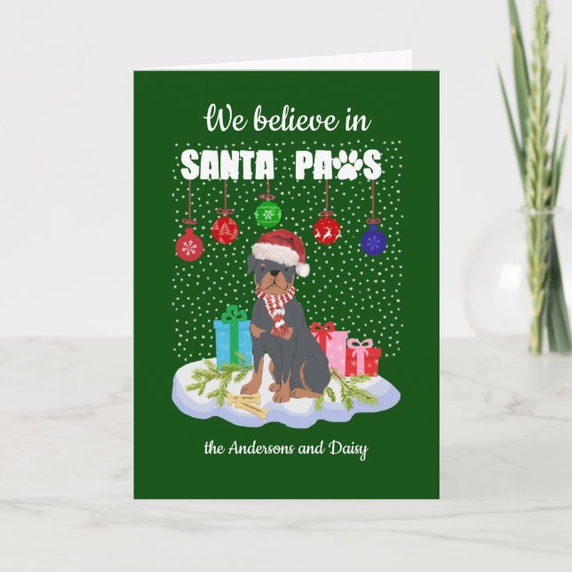 Tarjeta Festiva Cute Rottweiler cree en los Navidades de Santa Paw (Anverso)