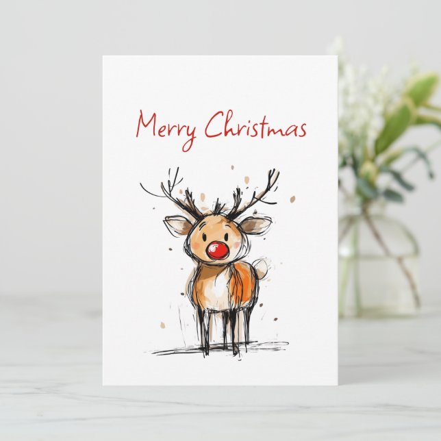 Tarjeta Festiva Cute Rudolph Reindeer Sketch Merry Christmas (Anverso de pie)