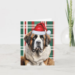 Tarjeta Festiva Cute Saint Bernard Santa Dog Plaid Christmas