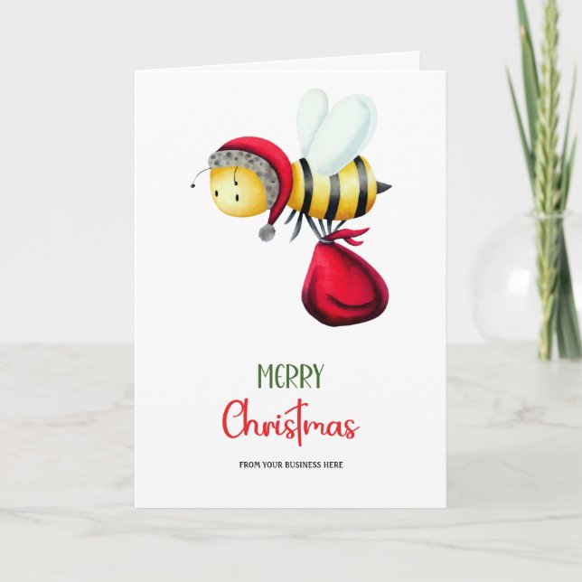 Tarjeta Festiva Cute Santa Bee Apiary Logo Business Christmas (Anverso)