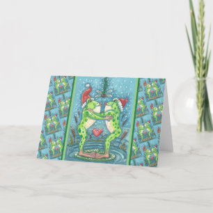 TARJETA FESTIVA CUTE SANTA FROGS KISSING BAJO EL MISTLETO DRAGONFL