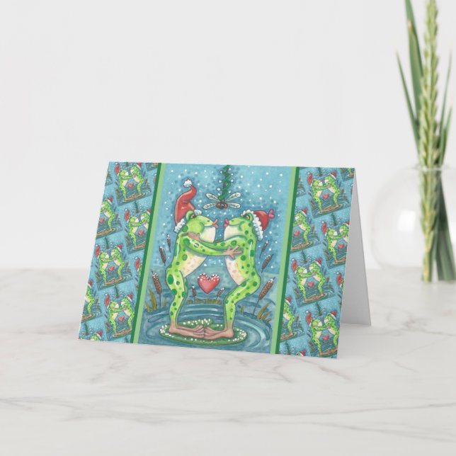 TARJETA FESTIVA CUTE SANTA FROGS KISSING BAJO EL MISTLETO DRAGONFL (Anverso)
