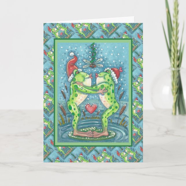 TARJETA FESTIVA CUTE SANTA FROGS KISSING BAJO EL MISTLETO DRAGONFL (Anverso)