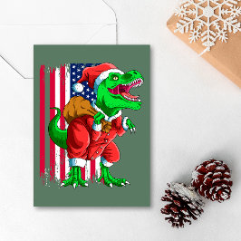 Tarjeta Festiva Cute Santa Navideño Verde TRex Tyrannosaurus Navid