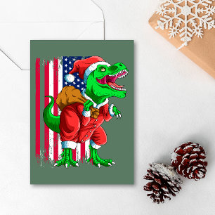 Tarjeta Festiva Cute Santa Navideño Verde TRex Tyrannosaurus Navid