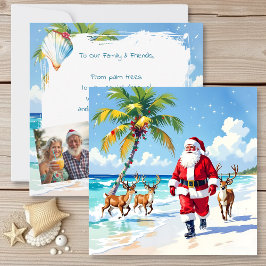 Tarjeta Festiva Cute Santa on Beach and Photo Template Christmas