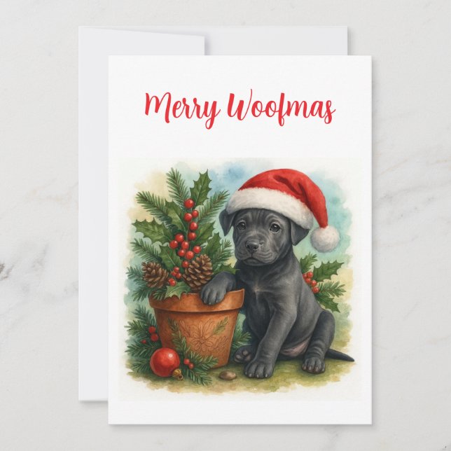 Tarjeta Festiva Cute  Santa Puppy Merry Woofmas Christmas  (Anverso)