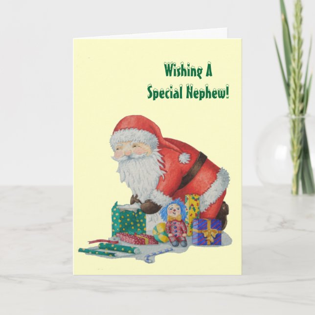 Tarjeta Festiva Cute santa y juguetes envolviendo regalos para Nav (Anverso)
