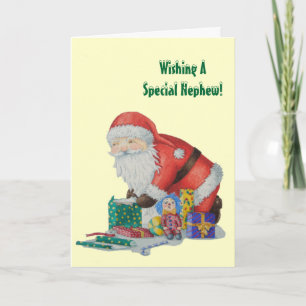 Tarjeta Festiva Cute santa y juguetes envolviendo regalos para Nav