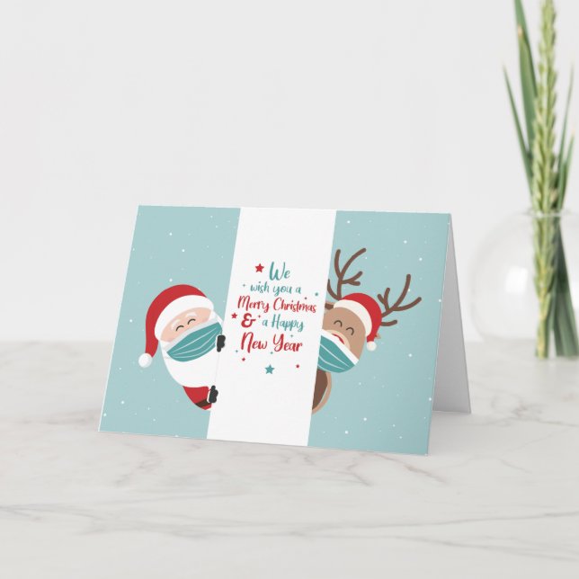 Tarjeta Festiva Cute Santa y Reindeer Covid de distanciamiento soc (Anverso)