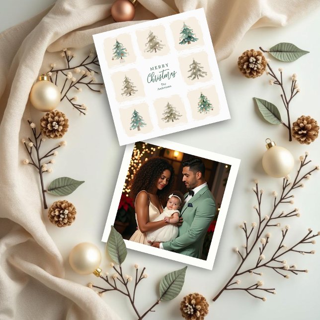 Tarjeta Festiva Cute Scandinavian Nordic Style Christmas Trees (Cute Scandinavian Nordic Style Christmas Trees Holiday Cards with Custom Back Family Photo.)