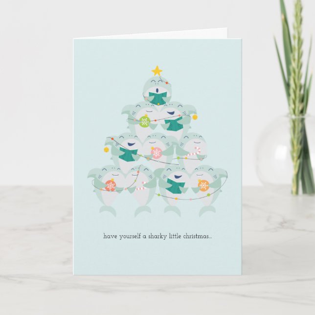 Tarjeta Festiva Cute Shark Christmas Tree Holiday Card (Anverso)
