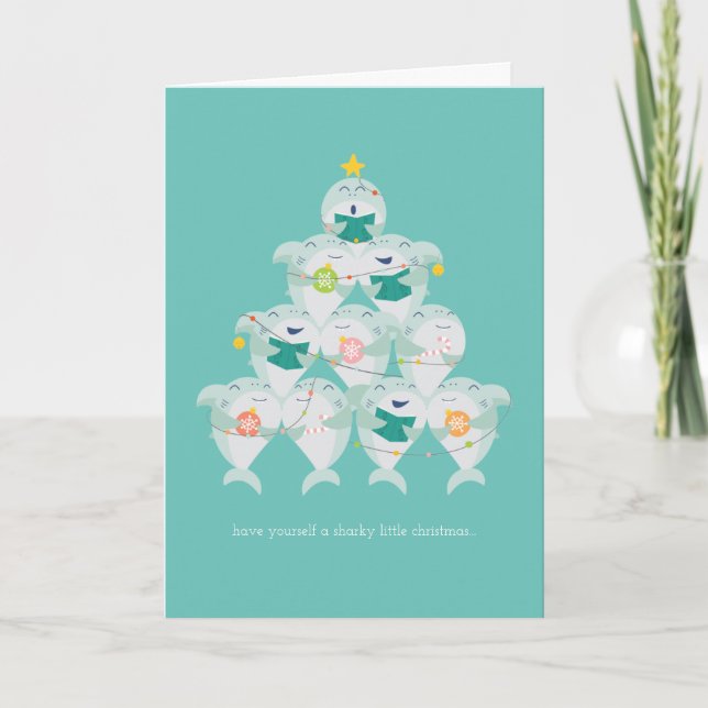 Tarjeta Festiva Cute Shark Christmas Tree Holiday Card (Anverso)