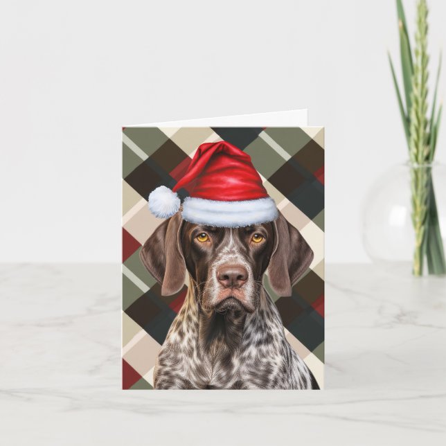 Tarjeta Festiva Cute Shorthair Puntero Santa Dog Red Green Plaid (Anverso)