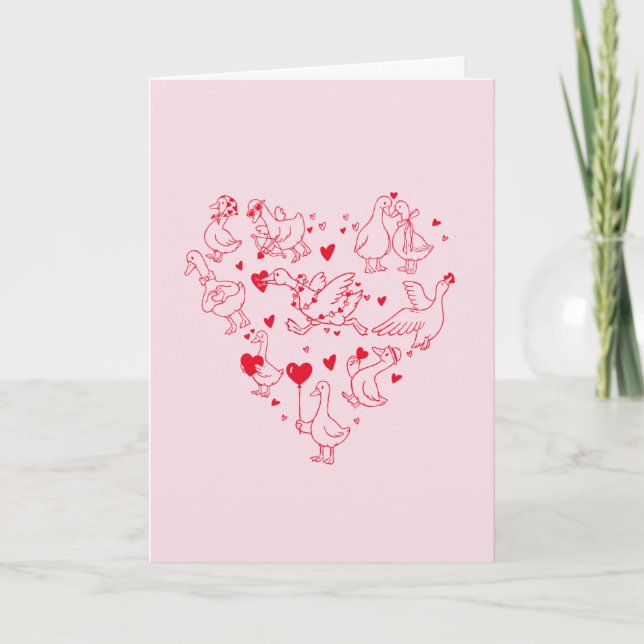 Tarjeta Festiva Cute Silly Goose Heart Red and Pink Valentine  (Anverso)