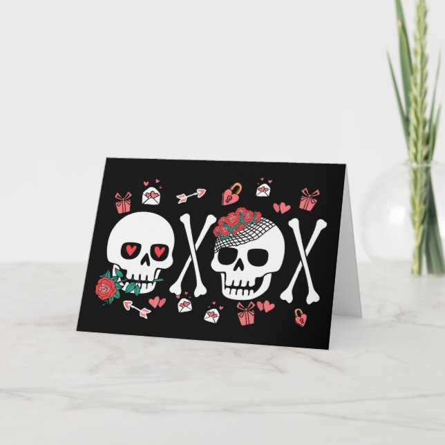 Tarjeta Festiva Cute Skully Valloween Valentine XOXO (Anverso)