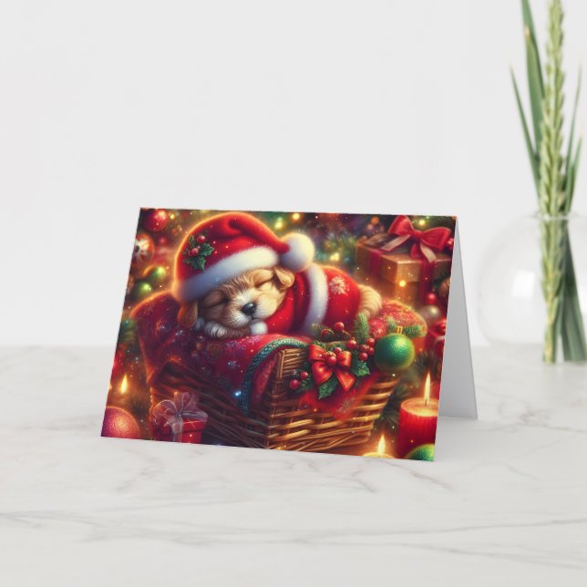 Tarjeta Festiva Cute Sleeping Puppy in Santa Hat (Anverso)