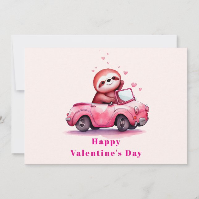 Tarjeta Festiva Cute Sloth in a Pink Convertible Valentine's Day (Anverso)