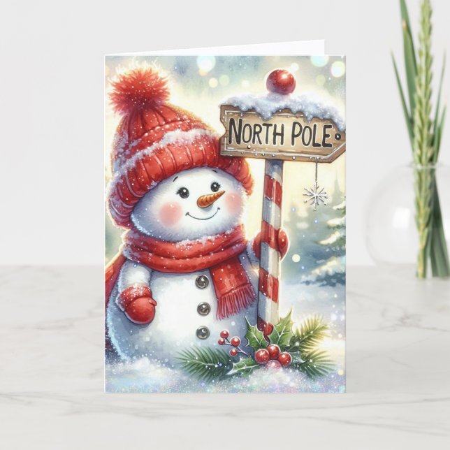 Tarjeta Festiva Cute Snowman at the North Pole (Anverso)