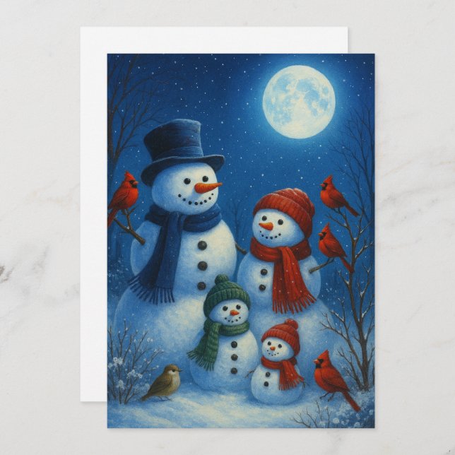 Tarjeta Festiva Cute Snowman Family In Snowy Moonlit Night (Anverso / Reverso)