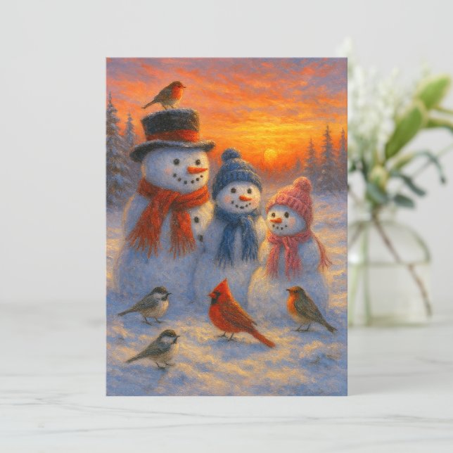 Tarjeta Festiva Cute Snowman Family In Snowy Woodland Sunset (Anverso de pie)