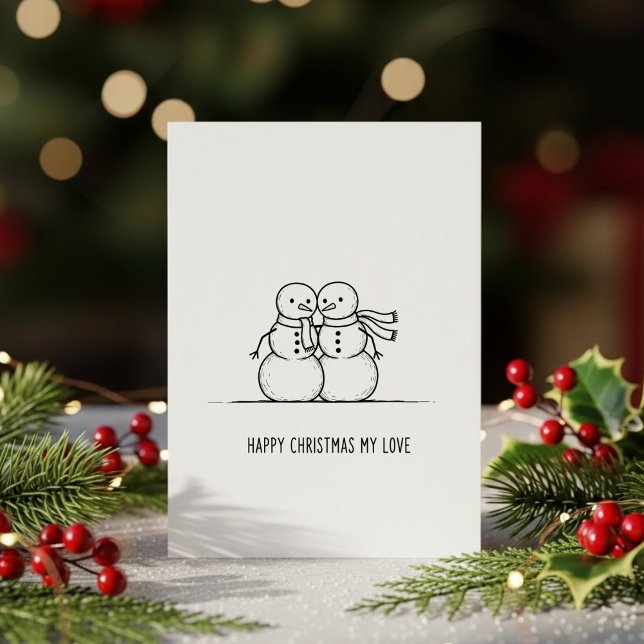 Tarjeta Festiva Cute Snowman Kiss Christmas Card for Couples (Subido por el creador)