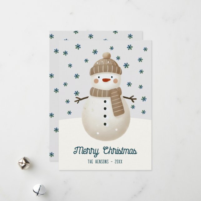 Tarjeta Festiva Cute Snowman Snowflakes Drawing Christmas (Anverso/Reverso In Situ)