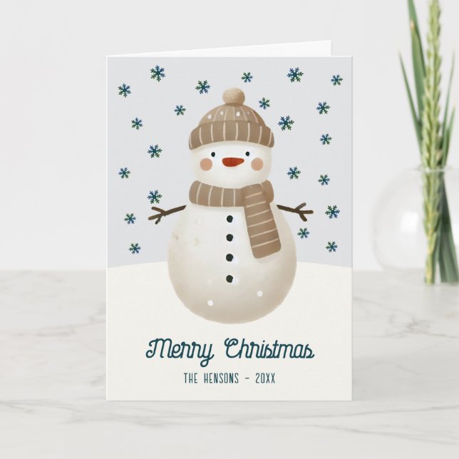 Tarjeta Festiva Cute Snowman Snowflakes Drawing Christmas (Anverso)
