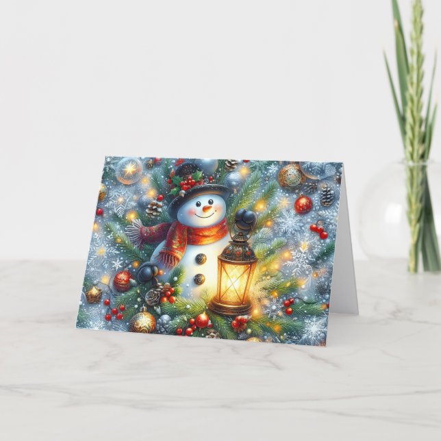 Tarjeta Festiva Cute Snowman with Lantern Christmas Holiday Card (Anverso)