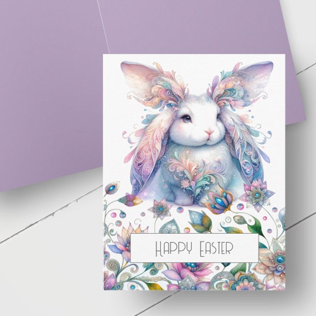 Tarjeta Festiva Cute Spring Flowers Bunny Easter Card (Spring bunny birthday cards features unique rabbit and floral art in pastel shades of pink, purple )